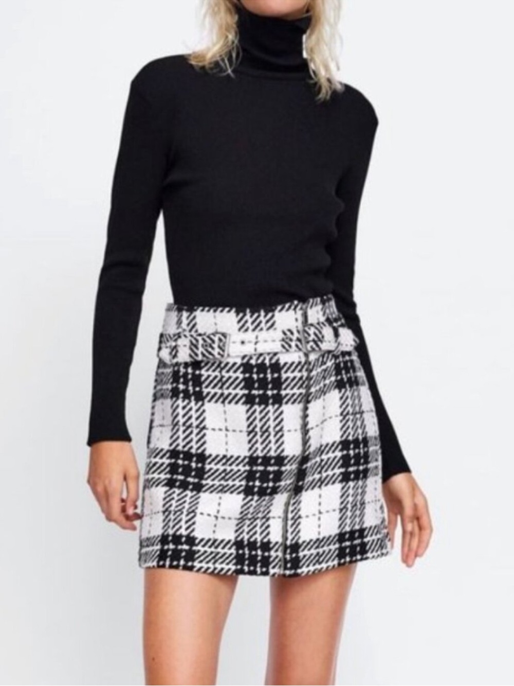Zara Black and White Plaid Belted Tweed Mini Skirt